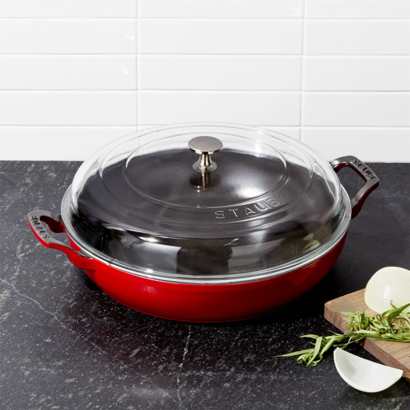 Staub Cast Iron Braiser with Glass Lid, Dutch Oven, 3.5-quart, serves 3-4,  Made in France, Cherry 