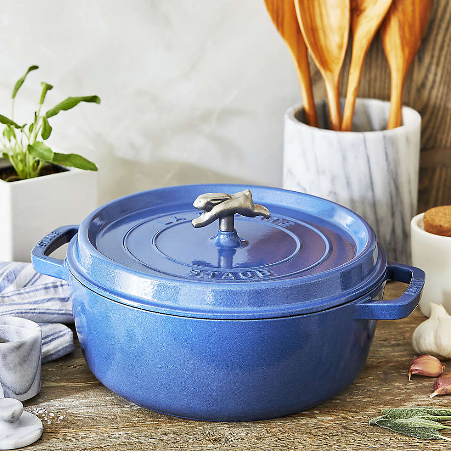 Staub 6-Qt. Metallic Blue Wide Round Cocotte with Rabbit Knob