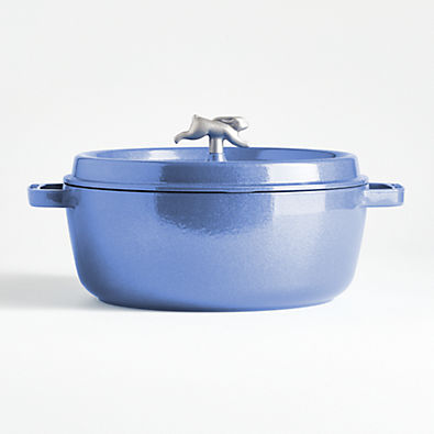 View Staub ® 6-Qt. Metallic Blue Wide Round Cocotte with Rabbit Knob details