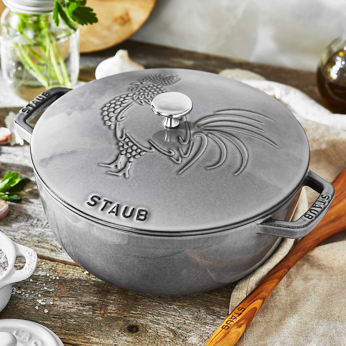 Staub Essential Dark Blue 3.75-Qt. Round French Oven with Rooster Lid +  Reviews, Crate & Barrel