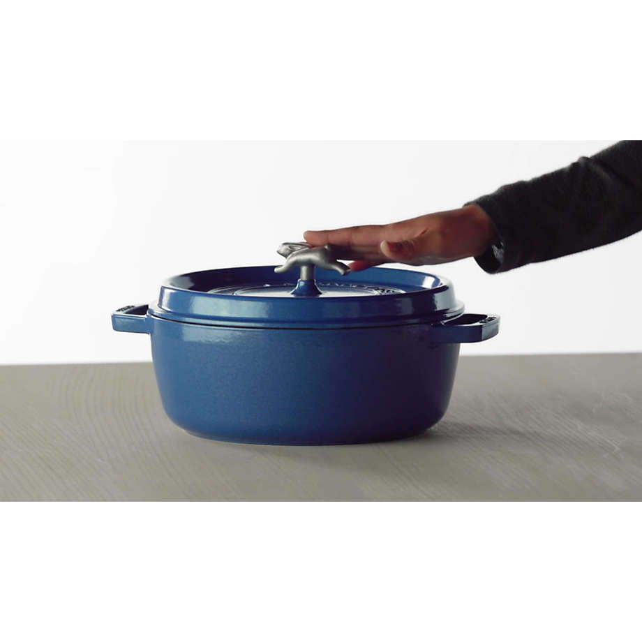 Staub 6-Qt. Metallic Blue Wide Round Cocotte with Rabbit Knob +