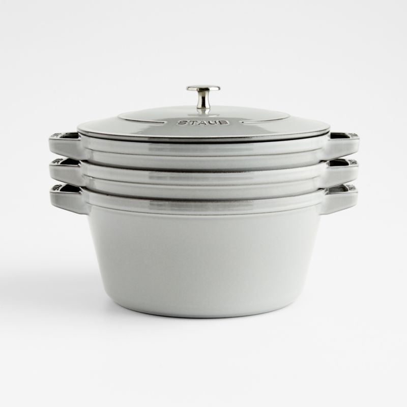 Staub 4-teiliges Gusseisen-Set Stapelbar – Cocotte, Schmorpfanne, Grillpfanne, Graphit
