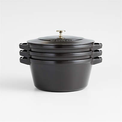 Staub Cast Iron Set 4-PC, Stackable Space-Saving Cookware Set, Dutch Oven  With Universal Lid, Made In France, Matte Black