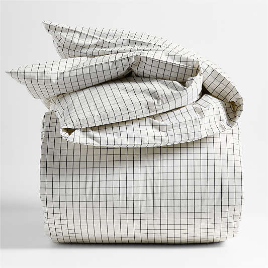 Stax Mini Grid Grey Yarn-Dyed Organic Cotton Kids Full/Queen Duvet Cover