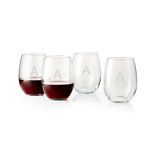 "A" Monogrammed Stemless Wine Glasses, Set of 4