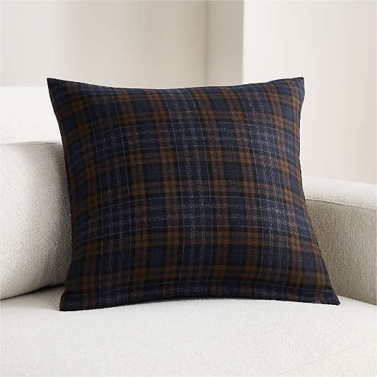 Stefano Italian Wool Blend Plaid 20"x20" Deep Indigo and Chocolate Brown Throw Pillow Cover