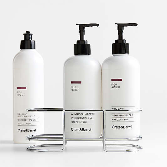Fig + Amber Dish Soap, Hand Soap & Lotion 4-Piece Set with Polished Stainless Steel Caddy