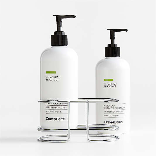 Geranium + Bergamot Hand Soap & Lotion 3-Piece Set with Polished Stainless Steel Caddy