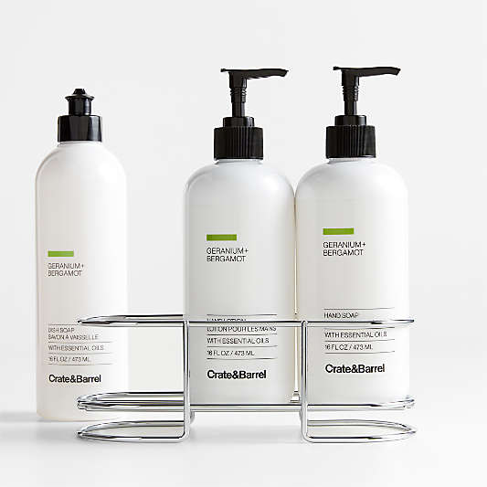 Geranium + Bergamot Dish Soap, Hand Soap & Lotion 4-Piece Set with Polished Stainless Steel Caddy