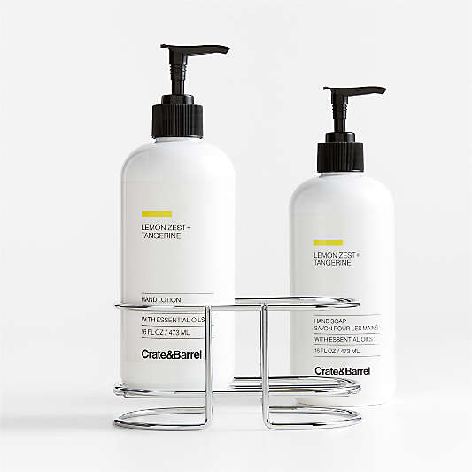Lemon Zest + Tangerine Hand Soap & Lotion 3-Piece Set with Polished Stainless Steel Caddy