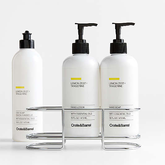 Lemon Zest + Tangerine Dish Soap, Hand Soap & Lotion 4-Piece Set with Polished Stainless Steel Caddy
