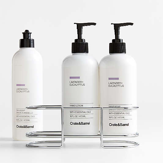 Lavender + Eucalyptus Dish Soap, Hand Soap & Lotion 4-Piece Set with Polished Stainless Steel Caddy