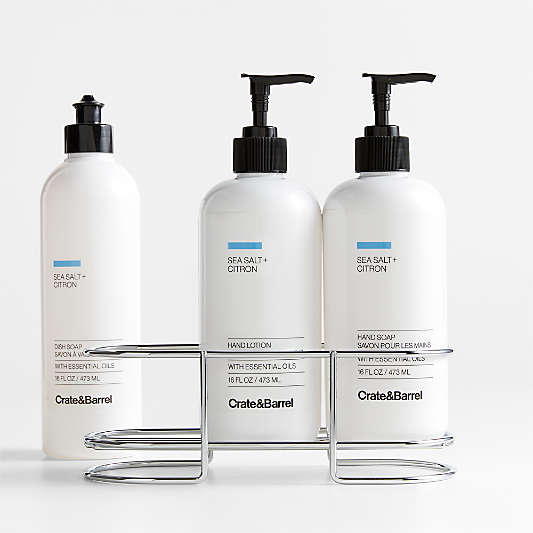 Sea Salt + Citron Dish Soap, Hand Soap & Lotion 4-Piece Set with Polished Stainless Steel Caddy