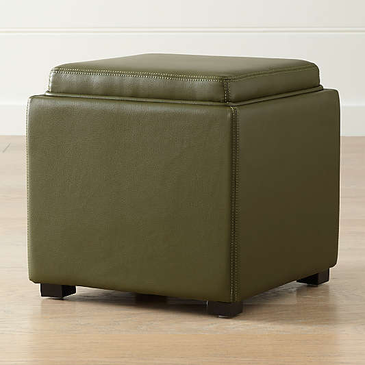 Stow Olive Green 17" Leather Storage Ottoman