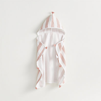 View Pink Striped Organic Turkish Hooded Baby Towel with Tassels details