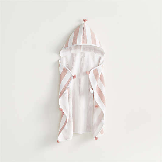 Pink Striped Organic Turkish Hooded Baby Towel with Tassels