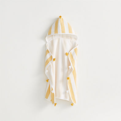 View Yellow Striped Organic Turkish Hooded Baby Towel with Tassels details