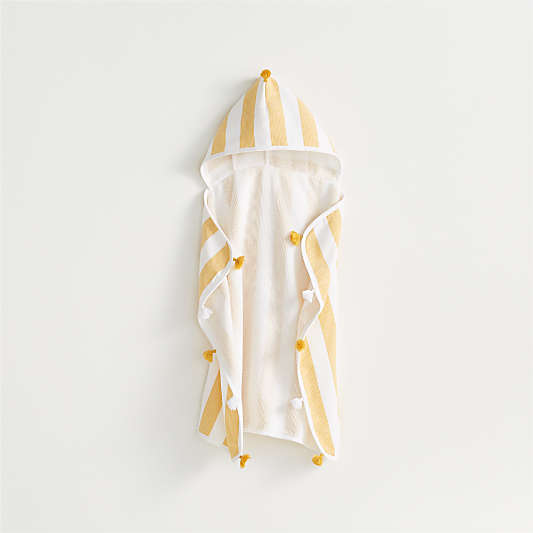 Yellow Striped Organic Turkish Hooded Baby Towel with Tassels