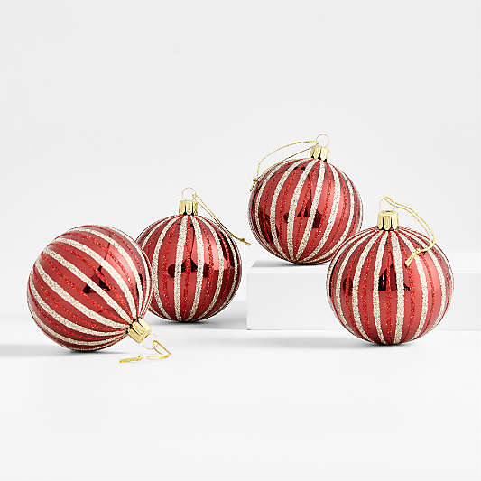 European Striped Red & Gold Glitter Ball Christmas Tree Ornament, Set of 4
