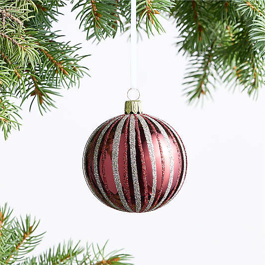 European Striped Red and Silver Glitter Ball Christmas Tree Ornament