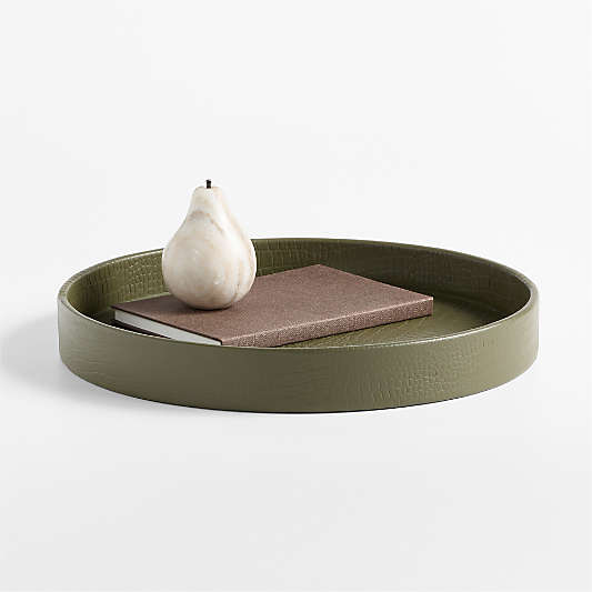 Stratton Small Round Green Crocodile Leather Decorative Tray 16"