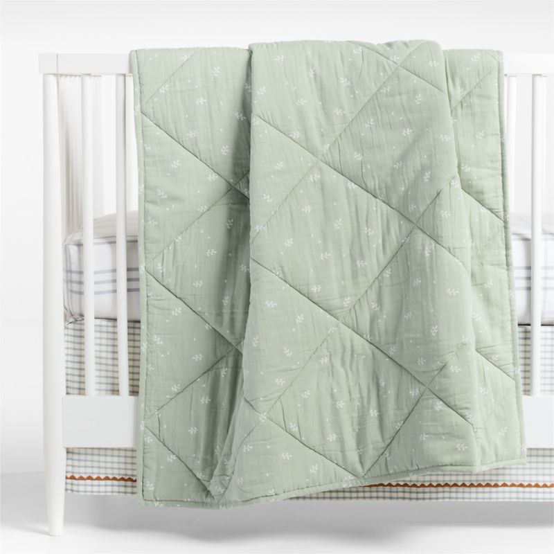 Supersoft Muted Teal Leaf Print Cotton Gauze Baby Crib Quilt - image 0 of 12