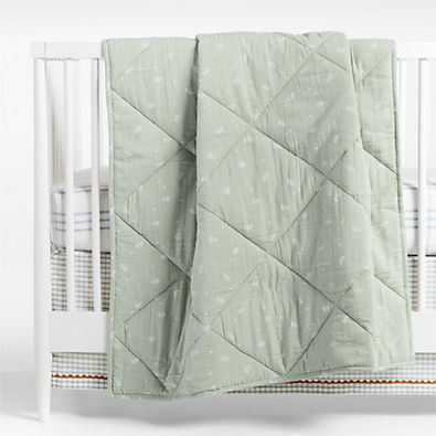 View Supersoft Muted Teal Leaf Print Organic Cotton Gauze Baby Crib Quilt details