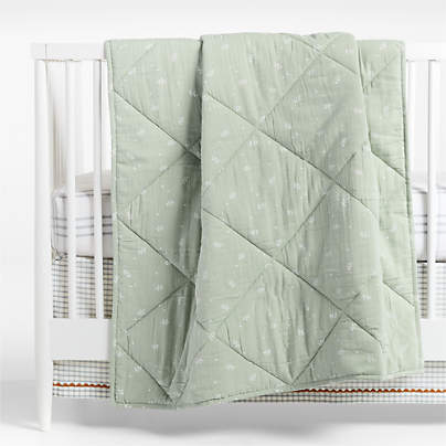 Supersoft Muted Teal Leaf Print Organic Cotton Gauze Baby Crib Quilt