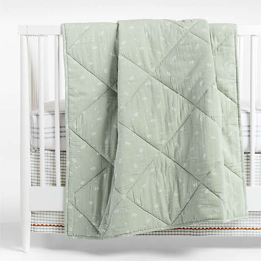 Supersoft Muted Teal Leaf Print Organic Cotton Gauze Baby Crib Quilt