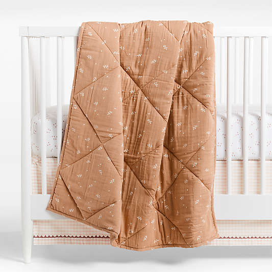 Supersoft Terracotta Leaf Print Organic Cotton Gauze Baby Crib Quilt