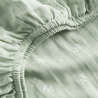 View Supersoft Muted Teal Leaf Print 100% Organic Cotton Gauze Baby Crib Fitted Sheet details