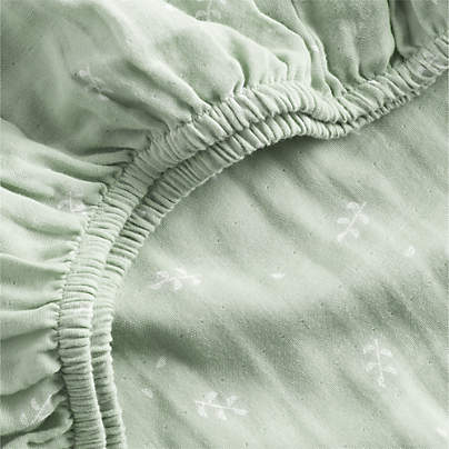 Supersoft Muted Teal Leaf Print 100% Organic Cotton Gauze Baby Crib Fitted Sheet