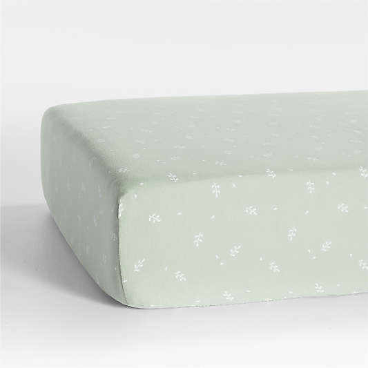 Supersoft Muted Teal Leaf Print 100% Organic Cotton Gauze Baby Crib Fitted Sheet