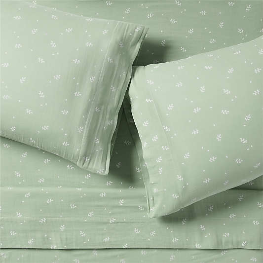 Supersoft Muted Teal Leaf Print Organic Cotton Gauze Kids Twin Sheet Set