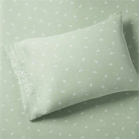 Supersoft Muted Teal Leaf Print Organic Cotton Gauze Kids Pillowcase