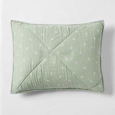 View Supersoft Muted Teal Leaf Print Cotton Gauze Kids Quilted Pillow Sham details
