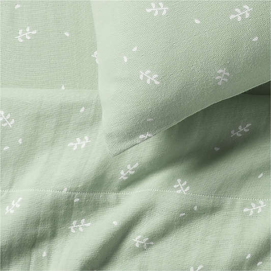 Supersoft Muted Teal Leaf Print Organic Cotton Gauze Kids Queen Sheet Set