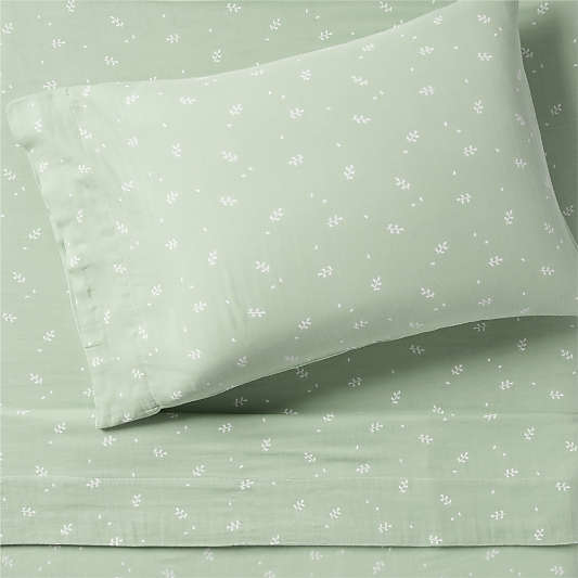 Supersoft Muted Teal Leaf Print Organic Cotton Gauze Kids Twin Sheet Set