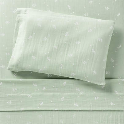 Supersoft Muted Teal Leaf Print 100% Organic Cotton Gauze Toddler Sheet Set