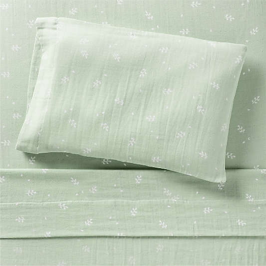 Supersoft Muted Teal Leaf Print 100% Organic Cotton Gauze Toddler Sheet Set