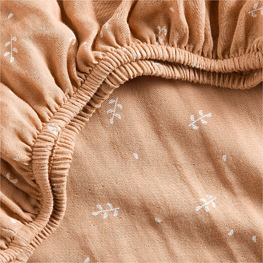 Supersoft Terracotta Leaf Print Organic Cotton Gauze Baby Crib Fitted Sheet