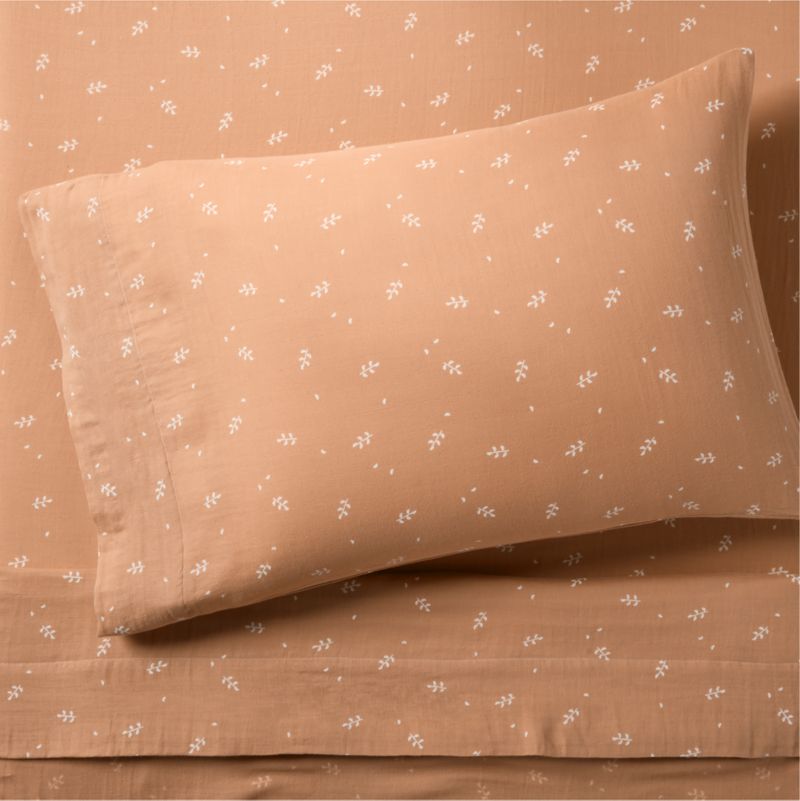 Supersoft Terracotta Leaf Print Organic Cotton Gauze Kids Twin Sheet Set - image 0 of 7