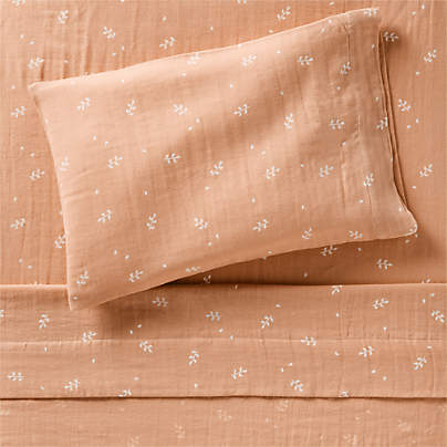 Supersoft Terracotta Leaf Print 100% Organic Cotton Gauze Toddler Sheet Set