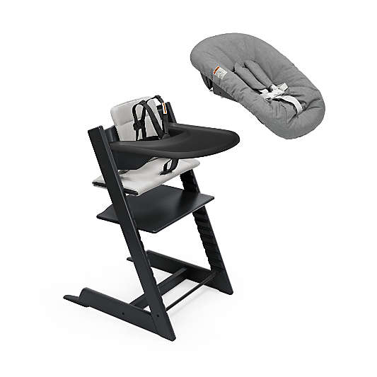Stokke Tripp Trapp Black Wood Baby High Chair and Newborn Set Bundle