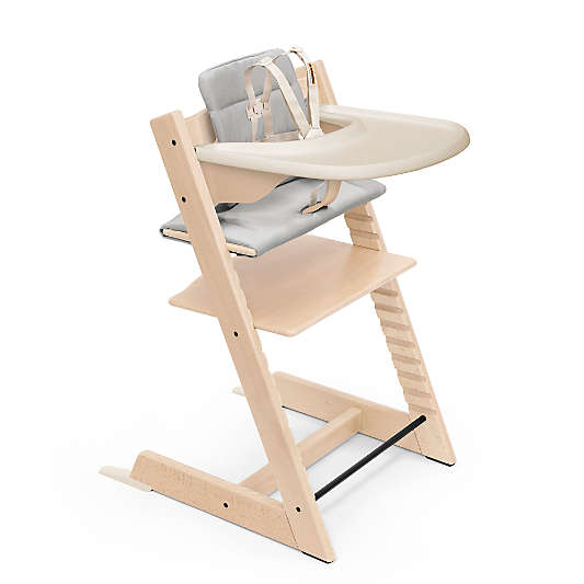 Stokke Tripp Trapp Complete Natural Wood Baby High Chair with Grey Cushion and Vanilla White Stokke Tray