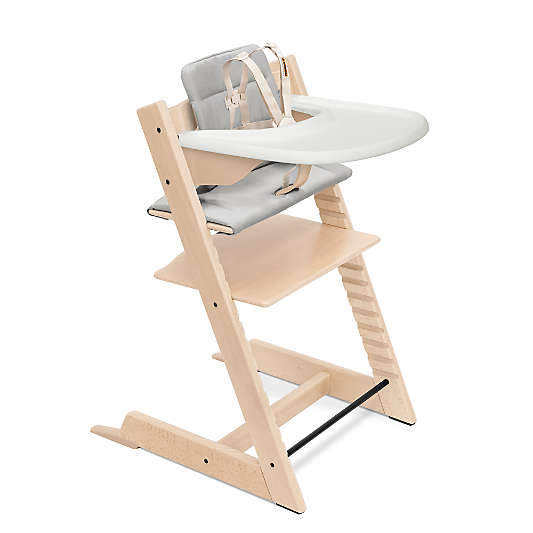 Stokke Tripp Trapp Complete Natural Wood Baby High Chair with Grey Cushion and White Stokke Tray