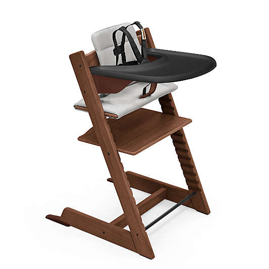 Stokke Tripp Trapp Complete Warm Brown Oak Wood Baby High Chair with Grey Cushion and Black Stokke Tray
