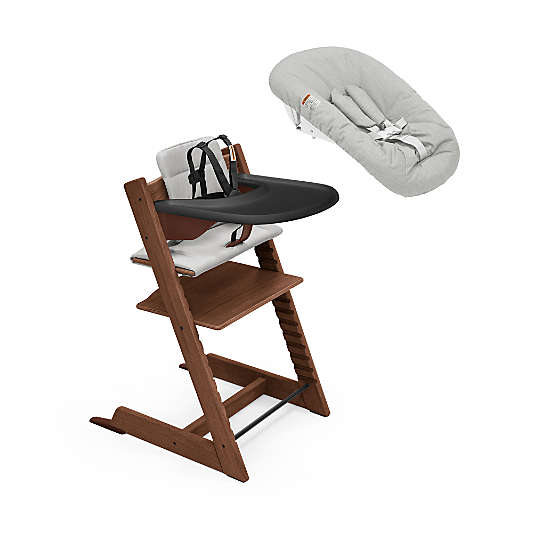 Stokke Tripp Trapp Warm Brown Oak Wood Baby High Chair and Newborn Set Bundle