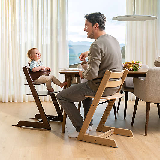 Stokke Tripp Trapp Complete Warm Brown Wood Baby High Chair with Grey Cushion and Black Stokke Tray