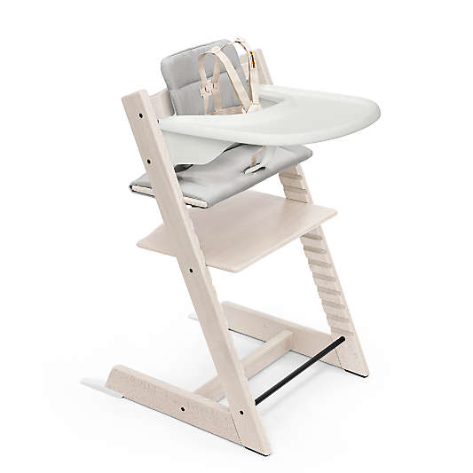 Stokke Tripp Trapp Complete Whitewash Wood Baby High Chair with Grey Cushion and White Stokke Tray